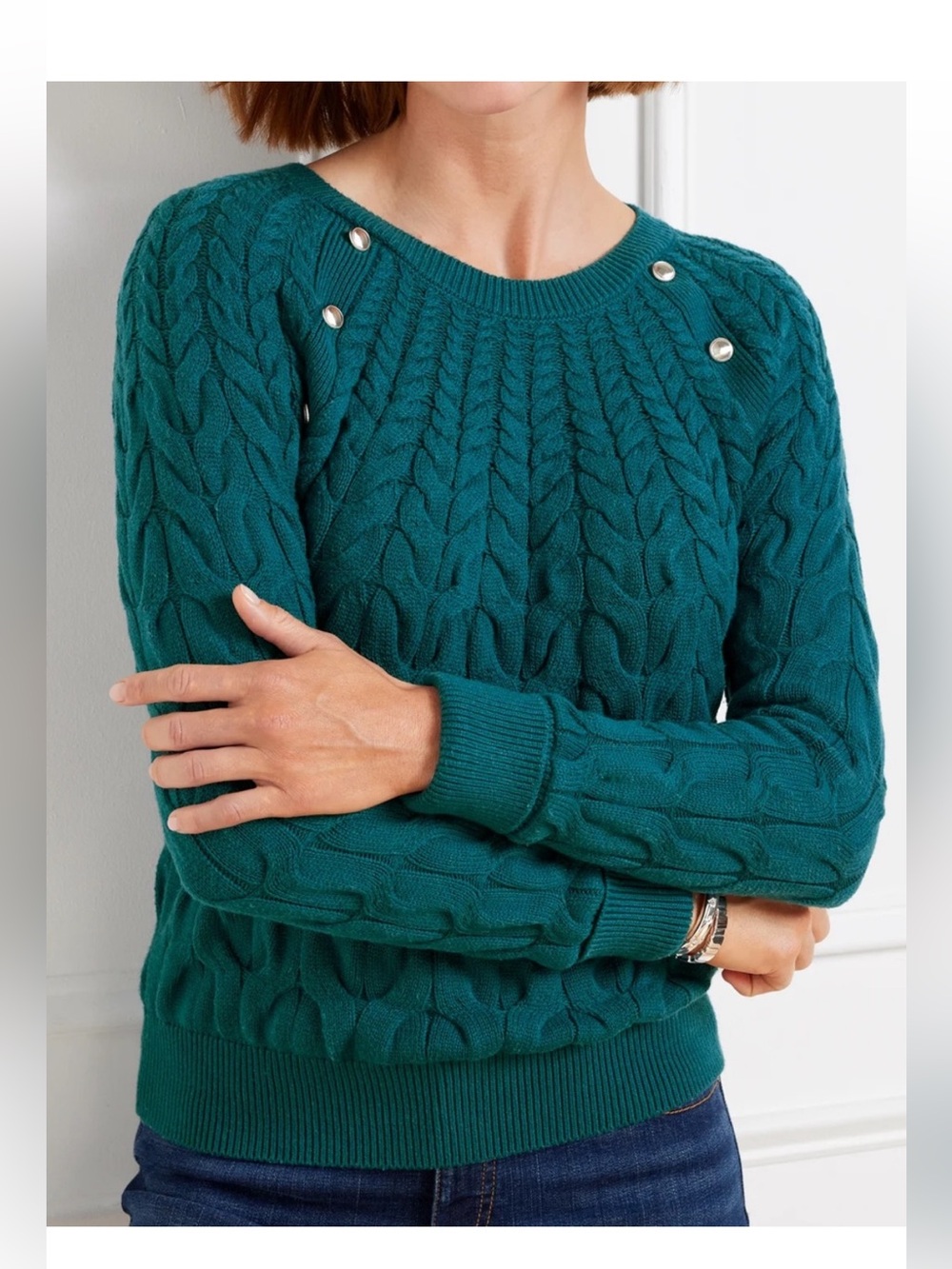 Talbots Button Raglan Cable Knit Sweater Women’s Size M Petite Wool Blend Green